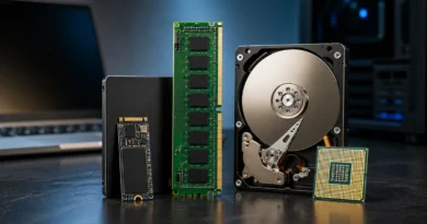 Hardverski bukvar: RAM, ROM i skladište – gde se zapravo čuvaju vaši podaci? RAM memorija, NVMe SSD, HDD disk i CPU procesor prikazani zajedno kao ilustracija razlike između radne memorije i skladišta podataka