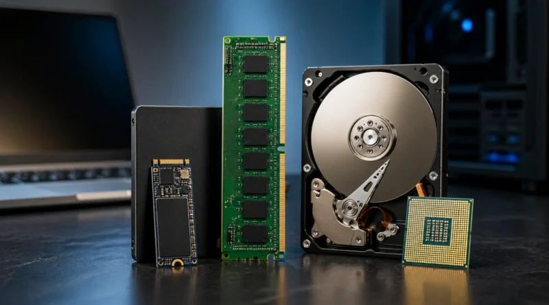 RAM memorija, NVMe SSD, HDD disk i CPU procesor prikazani zajedno kao ilustracija razlike između radne memorije i skladišta podataka