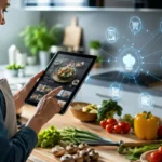 Osoba u modernoj kuhinji koristi tablet za pregled recepta dok priprema sveže namirnice uz pomoć digitalne tehnologije