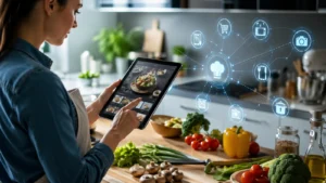 Osoba u modernoj kuhinji koristi tablet za pregled recepta dok priprema sveže namirnice uz pomoć digitalne tehnologije