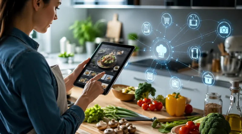 Osoba u modernoj kuhinji koristi tablet za pregled recepta dok priprema sveže namirnice uz pomoć digitalne tehnologije