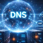 Ilustracija DNS sistema sa centralnom mrežnom sferom i serverima koji povezuju internet domene sa adresama