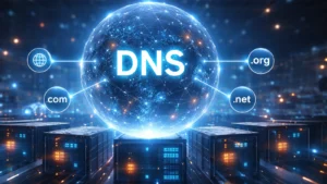 Ilustracija DNS sistema sa centralnom mrežnom sferom i serverima koji povezuju internet domene sa adresama