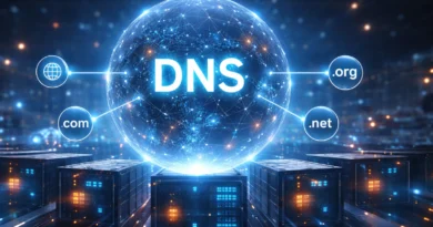 Ilustracija DNS sistema sa centralnom mrežnom sferom i serverima koji povezuju internet domene sa adresama