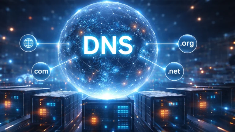 Ilustracija DNS sistema sa centralnom mrežnom sferom i serverima koji povezuju internet domene sa adresama