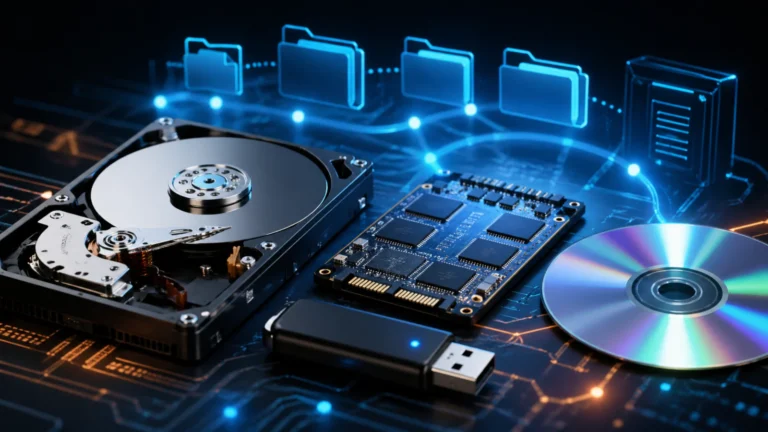 Ilustracija fajl sistema sa HDD diskom, SSD-om, USB memorijom i optičkim diskom povezanih digitalnim folderima.