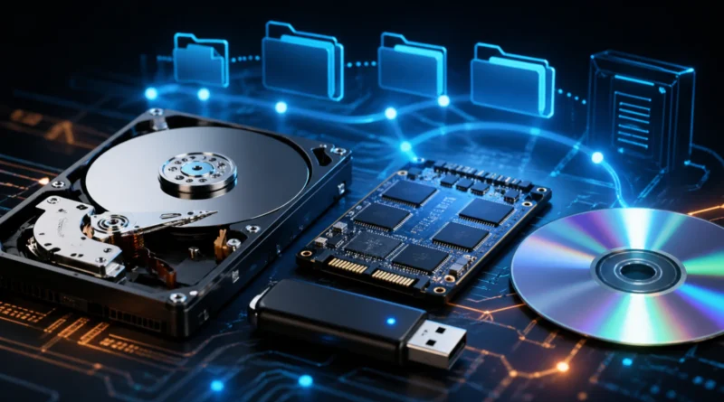 Ilustracija fajl sistema sa HDD diskom, SSD-om, USB memorijom i optičkim diskom povezanih digitalnim folderima.