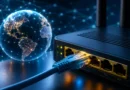 Ruter sa mrežnim kablom i digitalnim prikazom globalne internet mreže kao ilustracija IP adrese i kućne mreže.