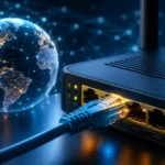 Ruter sa mrežnim kablom i digitalnim prikazom globalne internet mreže kao ilustracija IP adrese i kućne mreže.