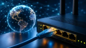 Ruter sa mrežnim kablom i digitalnim prikazom globalne internet mreže kao ilustracija IP adrese i kućne mreže.