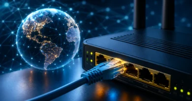 Ruter sa mrežnim kablom i digitalnim prikazom globalne internet mreže kao ilustracija IP adrese i kućne mreže.