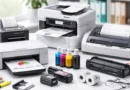 Različiti kućni i kancelarijski štampači na radnom stolu uz tonere, kertridže i papir