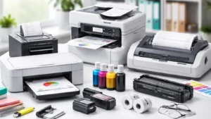 Različiti kućni i kancelarijski štampači na radnom stolu uz tonere, kertridže i papir