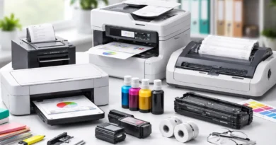 Različiti kućni i kancelarijski štampači na radnom stolu uz tonere, kertridže i papir