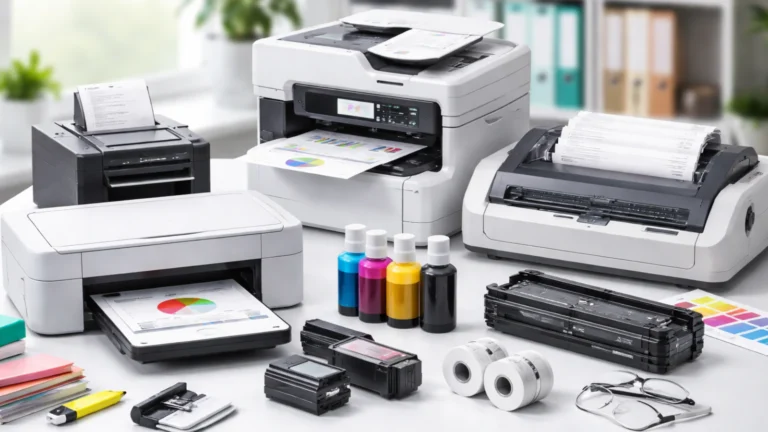 Štampači objašnjeni: od Gutenbergove prese do kućnog uređaja, vrste, troškovi i kako izabrati pravi model 1 Različiti kućni i kancelarijski štampači na radnom stolu uz tonere, kertridže i papir