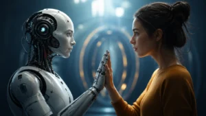 Humanoidni robot i čovek dodiruju dlanove u futurističkom okruženju, kao simbol odnosa između robotike, veštačke inteligencije i ljudske odgovornosti.