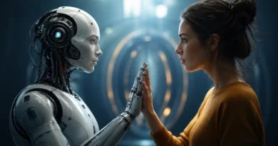 Humanoidni robot i čovek dodiruju dlanove u futurističkom okruženju, kao simbol odnosa između robotike, veštačke inteligencije i ljudske odgovornosti.