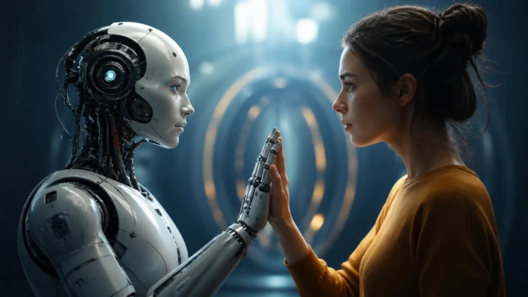 Humanoidni robot i čovek dodiruju dlanove u futurističkom okruženju, kao simbol odnosa između robotike, veštačke inteligencije i ljudske odgovornosti.