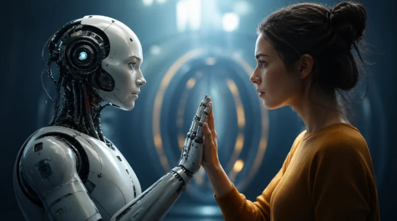 Humanoidni robot i čovek dodiruju dlanove u futurističkom okruženju, kao simbol odnosa između robotike, veštačke inteligencije i ljudske odgovornosti.