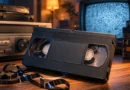 VHS kaseta pored videorekordera i CRT televizora sa šumom na ekranu