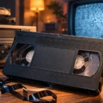 VHS kaseta pored videorekordera i CRT televizora sa šumom na ekranu