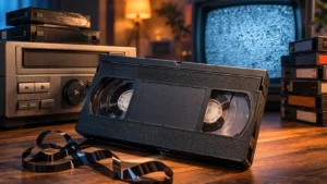 VHS kaseta pored videorekordera i CRT televizora sa šumom na ekranu