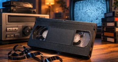 VHS kaseta pored videorekordera i CRT televizora sa šumom na ekranu