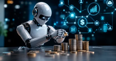 Humanoidni AI robot slaže novčiće ispred digitalnog finansijskog interfejsa, simbolizujući nepredvidive troškove AI agenata.