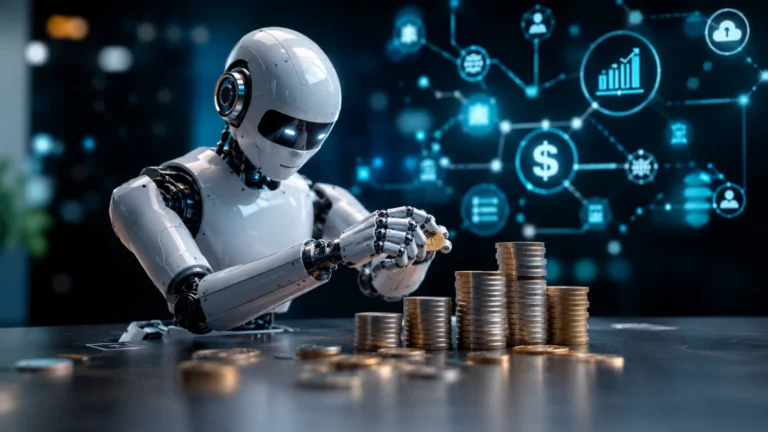 Humanoidni AI robot slaže novčiće ispred digitalnog finansijskog interfejsa, simbolizujući nepredvidive troškove AI agenata.