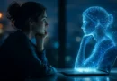 Osoba razgovara sa hologramskom AI figurom koja simbolizuje digitalnu kopiju bivšeg partnera ili preminule osobe.