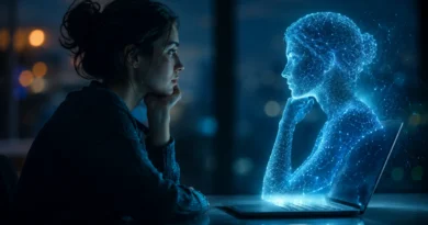 Osoba razgovara sa hologramskom AI figurom koja simbolizuje digitalnu kopiju bivšeg partnera ili preminule osobe.