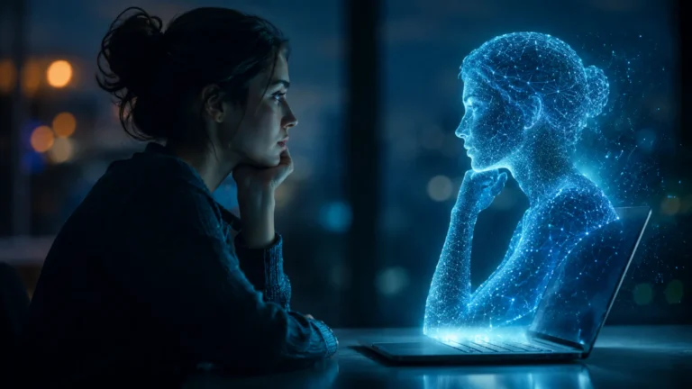 AI chatbot bivšeg partnera ili preminule osobe: uteha, opsesija ili ozbiljan rizik? 1 Osoba razgovara sa hologramskom AI figurom koja simbolizuje digitalnu kopiju bivšeg partnera ili preminule osobe.