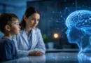 Lekar i dete posmatraju hologramski prikaz AI mozga u modernom medicinskom okruženju.