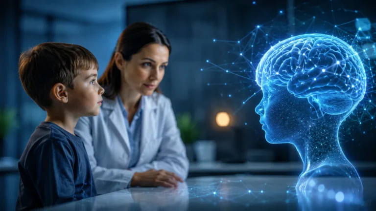 Lekar i dete posmatraju hologramski prikaz AI mozga u modernom medicinskom okruženju.