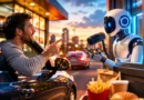 Kupac u automobilu naručuje hranu od AI robota na futurističkom drive-thru šalteru.
