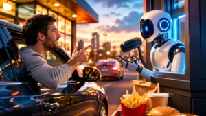 Kupac u automobilu naručuje hranu od AI robota na futurističkom drive-thru šalteru.