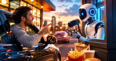 Kupac u automobilu naručuje hranu od AI robota na futurističkom drive-thru šalteru.