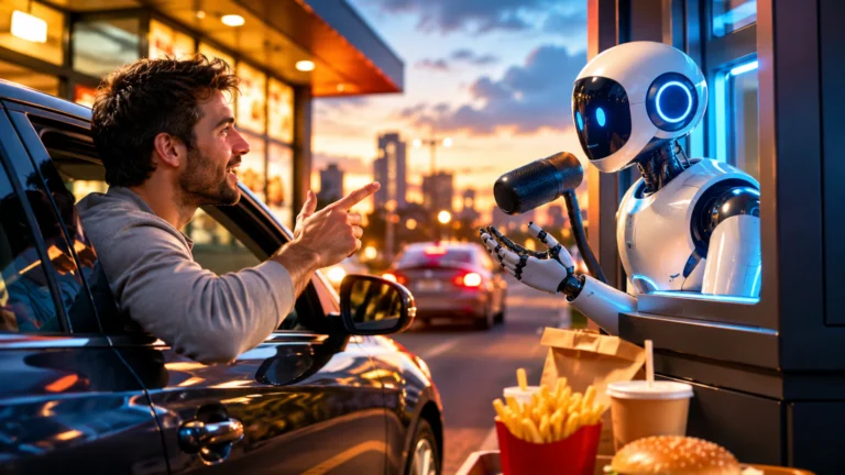 Hoćemo li burek naručivati od AI? Veštačka inteligencija ulazi i u brzu hranu 1 Kupac u automobilu naručuje hranu od AI robota na futurističkom drive-thru šalteru.