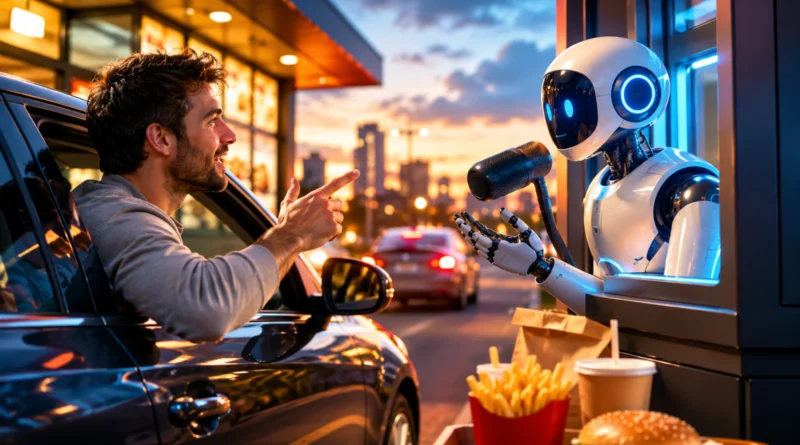 Kupac u automobilu naručuje hranu od AI robota na futurističkom drive-thru šalteru.