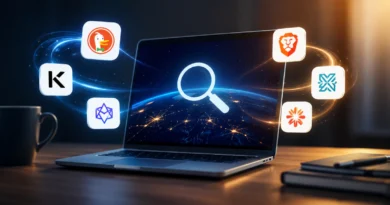 lustracija laptopa sa simbolom pretrage i ikonama alternativnih internet pretraživača.