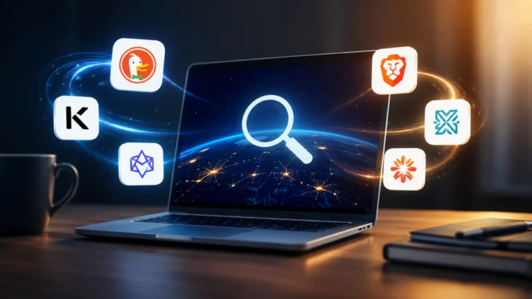Google nije jedina opcija: šest alternativnih pretraživača koje vredi probati 1 lustracija laptopa sa simbolom pretrage i ikonama alternativnih internet pretraživača.