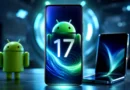 Futuristički pametni telefon sa prikazom Android 17 sistema i AI tehnologije