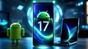 Futuristički pametni telefon sa prikazom Android 17 sistema i AI tehnologije