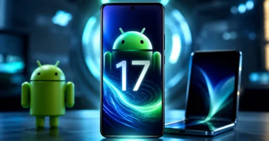 Futuristički pametni telefon sa prikazom Android 17 sistema i AI tehnologije