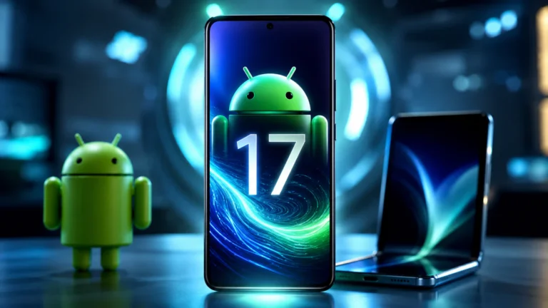 Futuristički pametni telefon sa prikazom Android 17 sistema i AI tehnologije