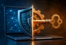 lustracija digitalne zaštite sa štitom, ključem i laptopom koja simbolizuje antivirus, Windows Defender i bezbednost korisnika na internetu.