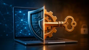 lustracija digitalne zaštite sa štitom, ključem i laptopom koja simbolizuje antivirus, Windows Defender i bezbednost korisnika na internetu.