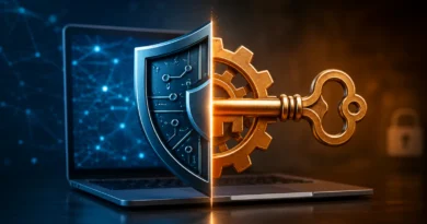 lustracija digitalne zaštite sa štitom, ključem i laptopom koja simbolizuje antivirus, Windows Defender i bezbednost korisnika na internetu.