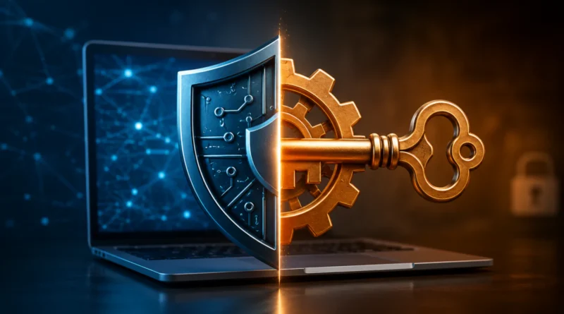 Da li nam je antivirus još potreban u 2026? lustracija digitalne zaštite sa štitom, ključem i laptopom koja simbolizuje antivirus, Windows Defender i bezbednost korisnika na internetu.