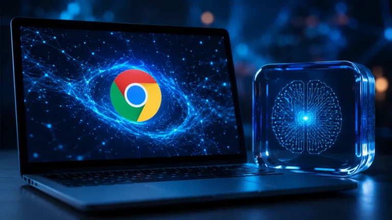Laptop sa Google Chrome AI prikazom i Gemini Nano konceptom u futurističkom tehnološkom okruženju